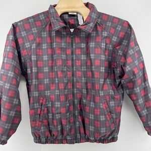 Jerzees Windbreaker Jacket Mens Medium Red Black Plaid Full Zip Mesh Lined Retro